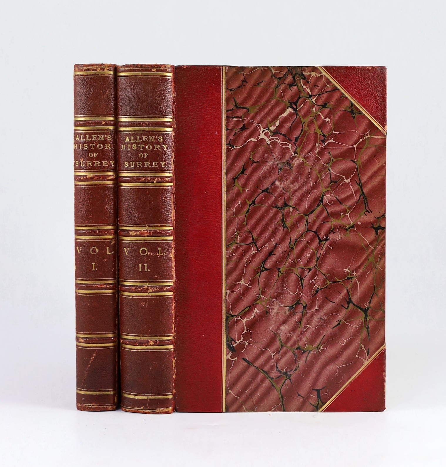 SURREY: Allen, Thomas - A History of the County of Surrey ... 2 vols. pictorial engraved and printed titles and num. plates; 19th cent. red half morocco and marbled boards, gilt tops and marbled e/ps, 4to. 1831. (2)